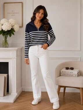 Zara Navy & White Striped Half Zip Pullover Sweater
